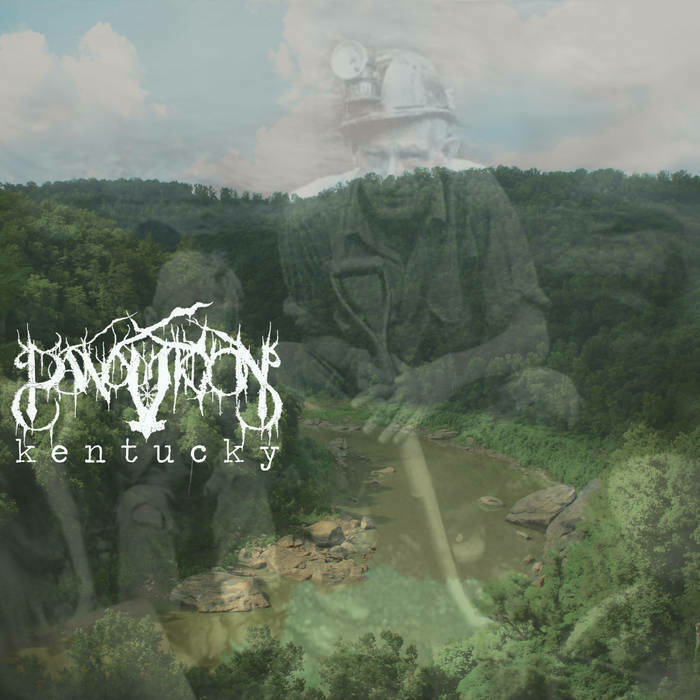 Panopticon Kentucky album cover. A monochrome picture of a miner worker in front of a full-colour shot of a river bed in mountains.